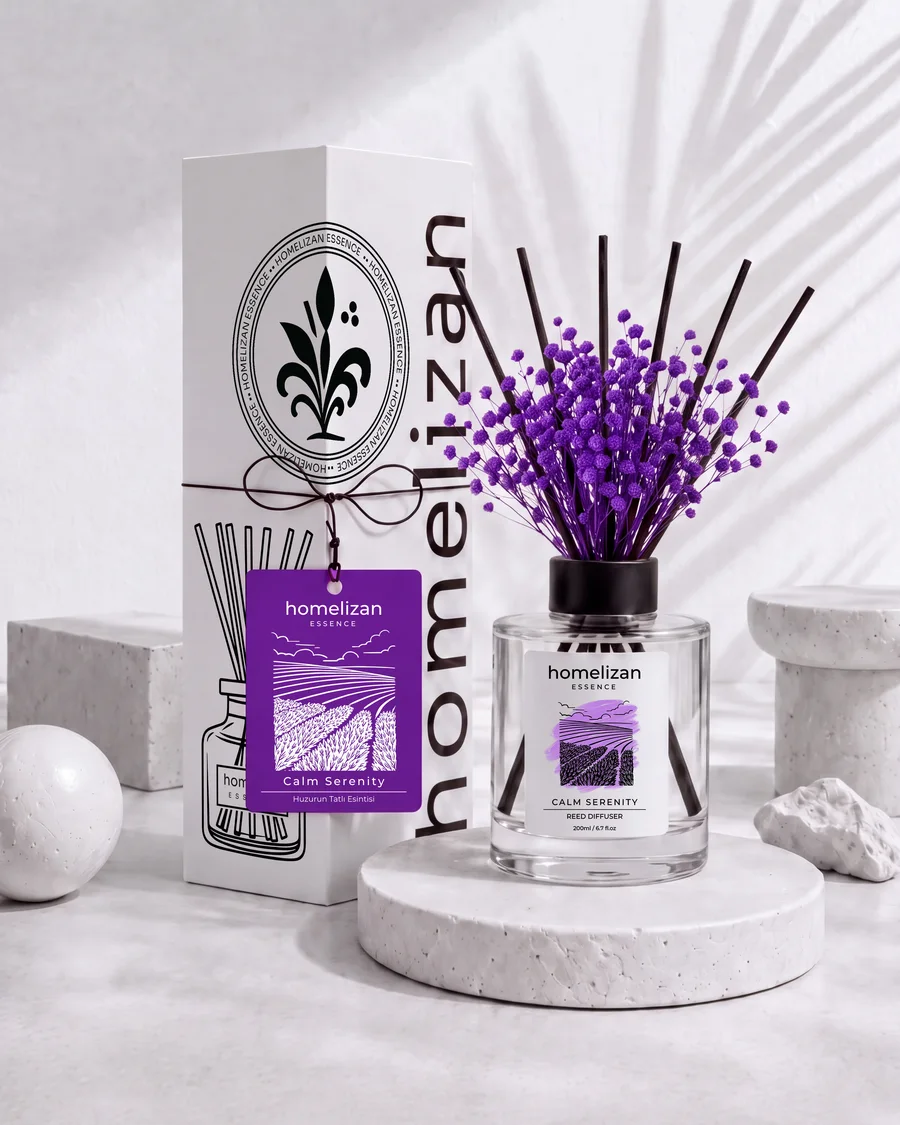 Calm Serenity çubuklu oda kokusu: cipso çiçekli şişesi, askı etiketi ve kutusuyla