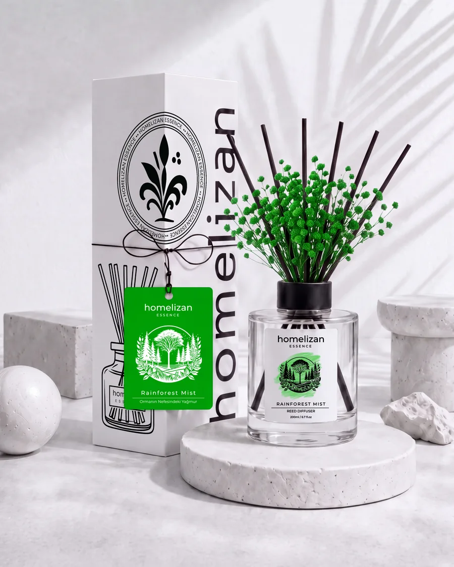 Rainforest Mist çubuklu oda kokusu: kutusu, askı etiketi ve cipso çiçekli şişesi