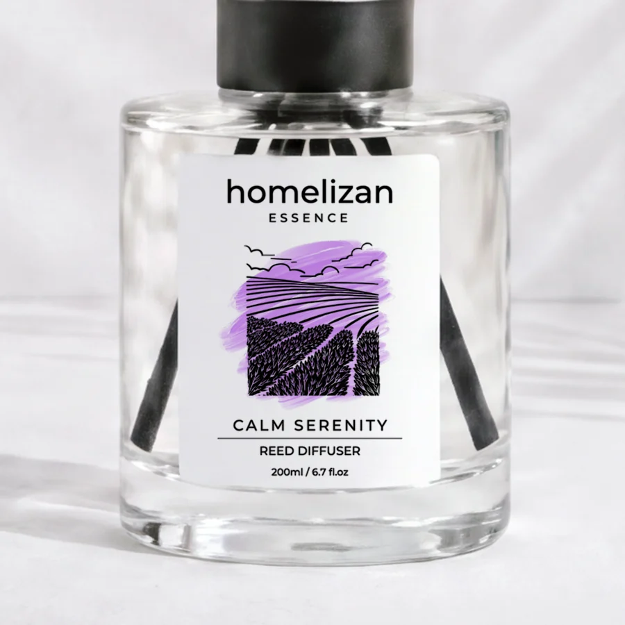 Calm Serenity: 200 ml cam şişe ve etiket, yakın plan