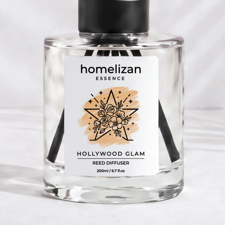 Hollywood Glam: 200 ml cam şişe ve etiket, yakın plan