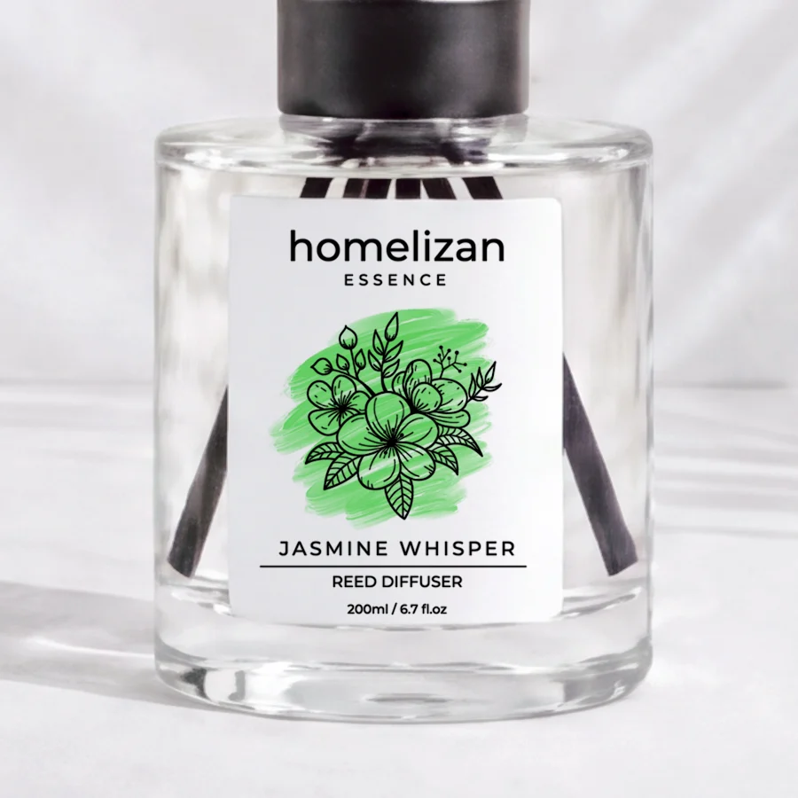 Jasmine Whisper: 200 ml cam şişe ve etiket, yakın plan