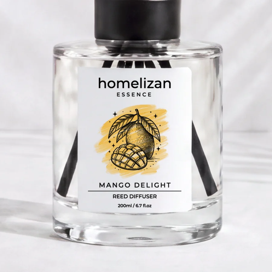 Mango Delight: 200 ml cam şişe ve etiket, yakın plan