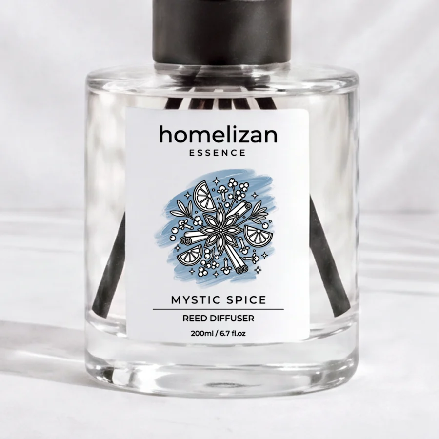 Mystic Spice: 200 ml cam şişe ve etiket, yakın plan
