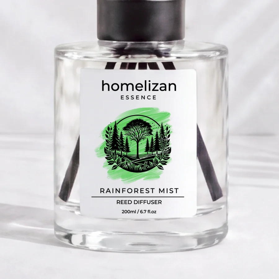 Rainforest Mist: 200 ml cam şişe ve etiket, yakın plan