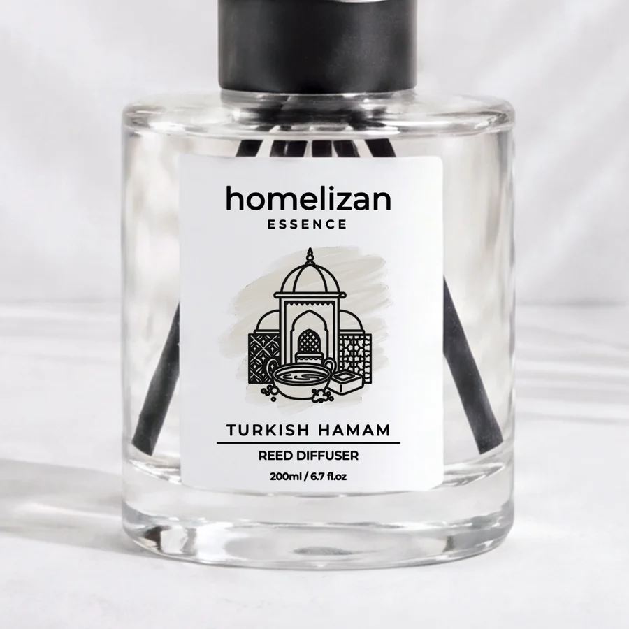 Turkish Hamam: 200 ml cam şişe ve etiket, yakın plan